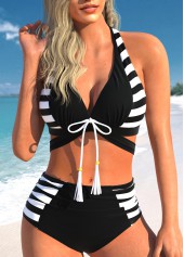 Cutout Striped Bowknot Black Bikini Set