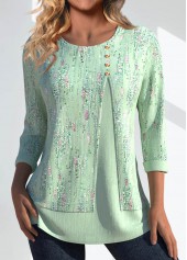 Geometric Print Button Light Green 3/4 Sleeve T Shirt
