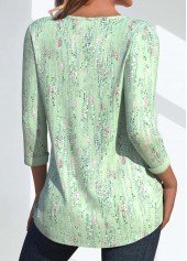 Geometric Print Button Light Green 3/4 Sleeve T Shirt