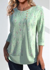Geometric Print Button Light Green 3/4 Sleeve T Shirt