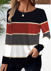Striped Deep Red Long Sleeve Round Neck T Shirt
