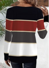 Striped Deep Red Long Sleeve Round Neck T Shirt