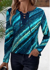 Ombre Lace Up Peacock Blue Long Sleeve T Shirt
