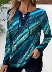 Ombre Lace Up Peacock Blue Long Sleeve T Shirt