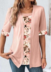 Random Floral Print Fake 2in1 Dusty Pink T Shirt