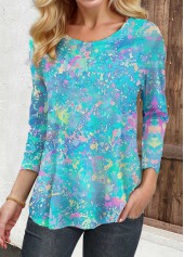 Graffiti Print Light Blue 3/4 Sleeve T Shirt