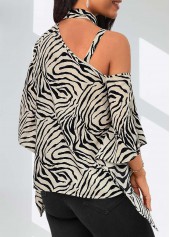 Zebra Stripe Print Asymmetry Light Camel 3/4 Sleeve Blouse