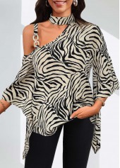 Zebra Stripe Print Asymmetry Light Camel 3/4 Sleeve Blouse