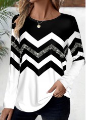 Striped Patchwork Black Long Sleeve Round Neck T Shirt