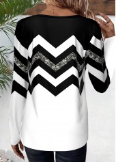 Striped Patchwork Black Long Sleeve Round Neck T Shirt