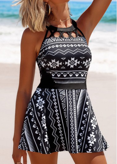 Mid Waisted Tribal Print Cage Neck Swimdress and Panty