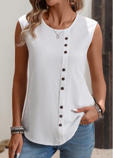 Button White Sleeveless Round Neck Tank Top 24$