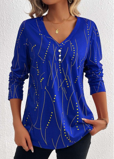 Geometric Print Button Dark Blue Long Sleeve T Shirt