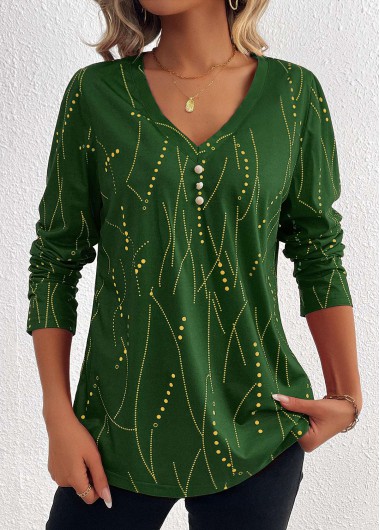 Geometric Print Button Green Long Sleeve T Shirt Geometric Print Button Green Long Sleeve T Shirt