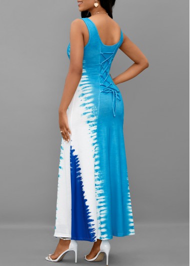Tie Dye Print Lace Up Light Blue Maxi Dress 33$