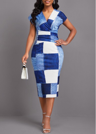 Denim-effect Print Patchwork Denim Blue Short Sleeve Bodycon Dress 33$