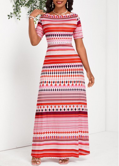Geometric Print Patchwork Multi Color Short Sleeve Maxi Dress 32$