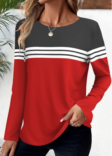 Striped Red Long Sleeve Round Neck T Shirt Striped Red Long Sleeve Round Neck T Shirt