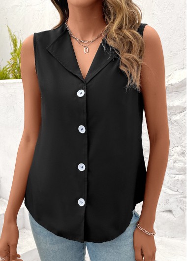 Button Black Sleeveless Turn Down Collar Tank Top 24$