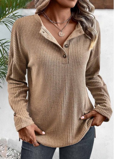 Plus Size Light Coffee Button Long Sleeve T Shirt 34$