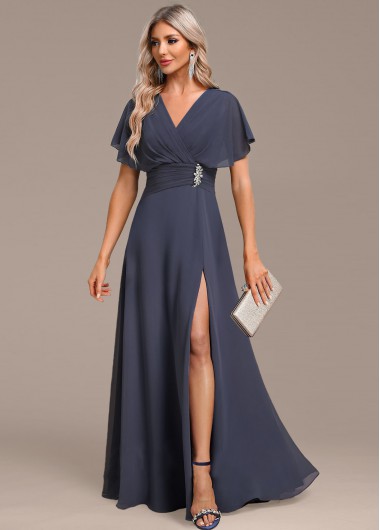 Split Dark Grey Maxi Short Sleeve V Neck Dress 49$