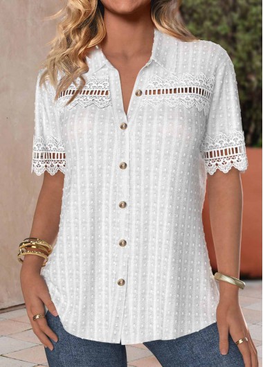 Button Up Patchwork Shirt Collar White Thin Blouse