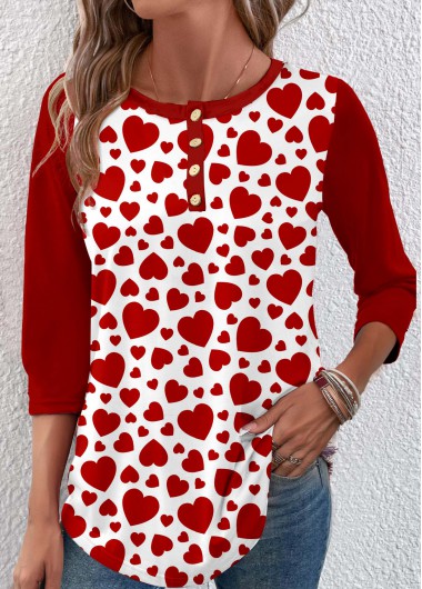 Heart Print Button Wine Red T Shirt