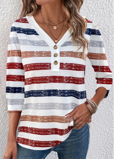 Red Plus Size Button Multi Stripe Print T Shirt 30$