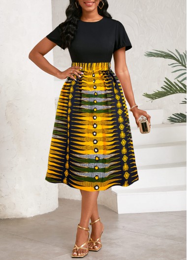 Chevron Print Patchwork Black Short Sleeve Round Neck Dress 36$