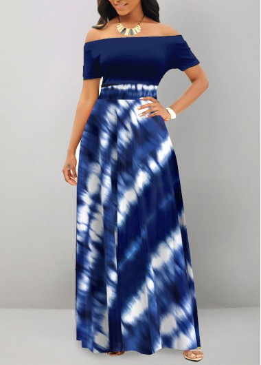 Tie Dye Print Patchwork Navy Short Sleeve Maxi Dress 37$