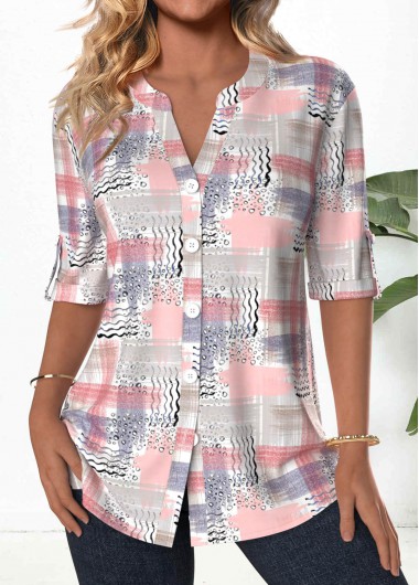 Geometric Print Button Light Pink 3/4 Sleeve Blouse Geometric Print Button Light Pink 3/4 Sleeve Blouse