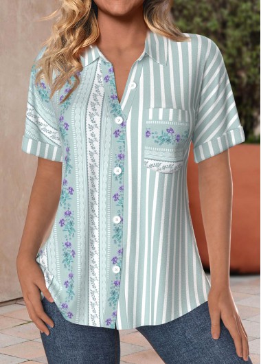 Striped Pocket Green Short Sleeve Shirt Collar Blouse