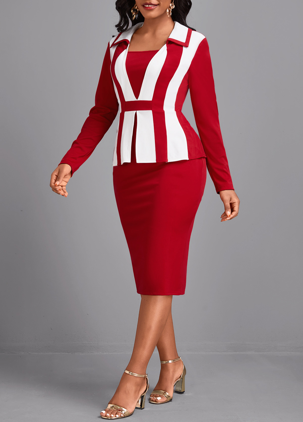Patchwork Wine Red Long Sleeve Square Neck Bodycon Dress