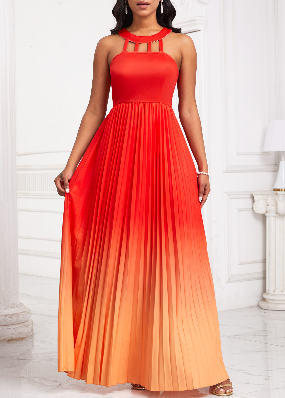 Ombre Cage Neck Orange Sleeveless Maxi Dress