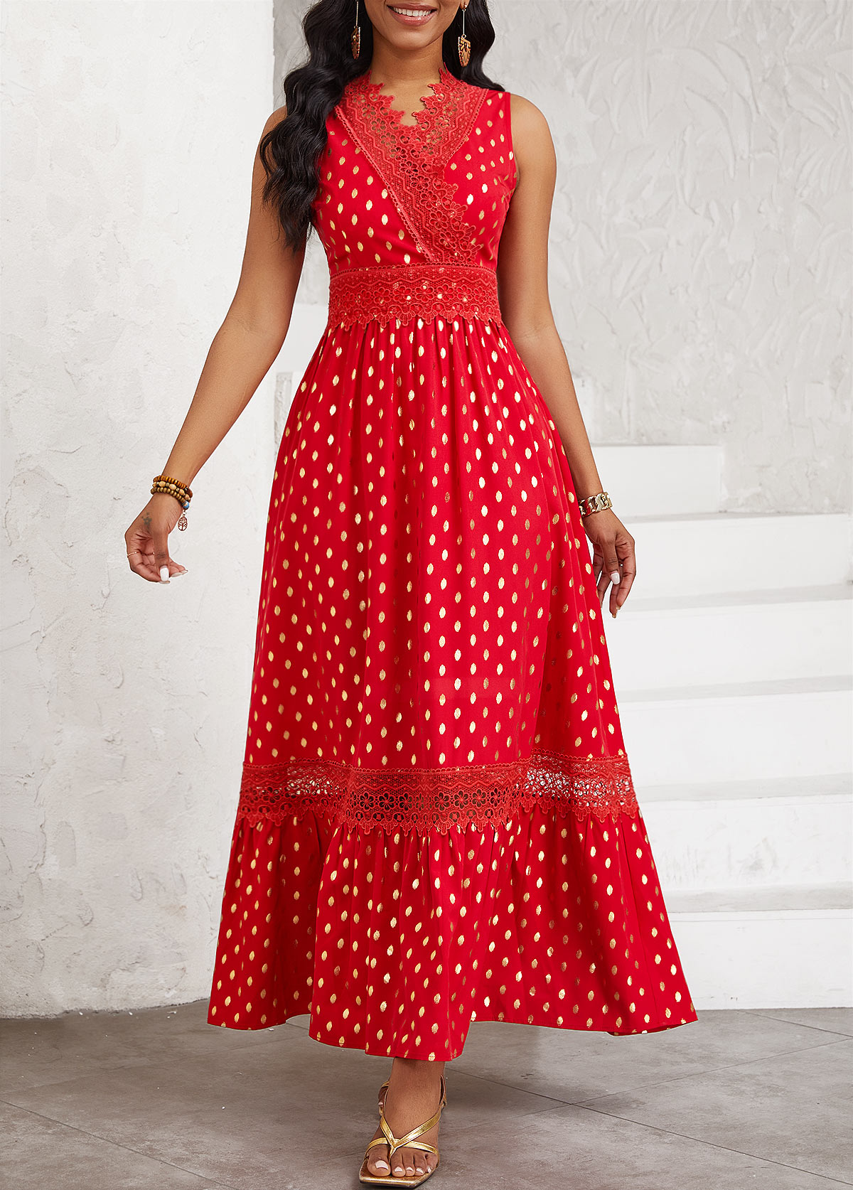 Polka Dot Hot Stamping Red Sleeveless Maxi Dress