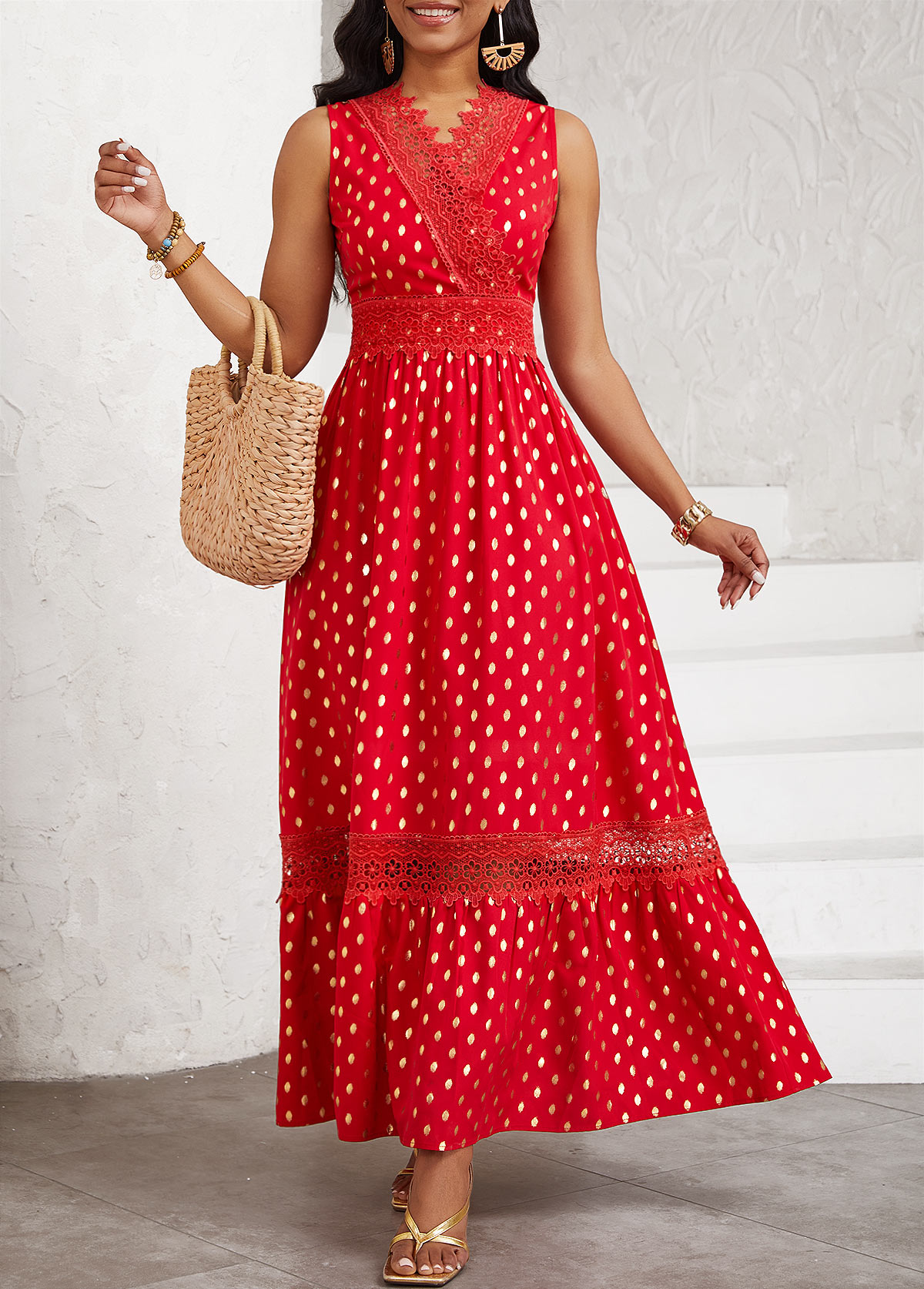 Polka Dot Hot Stamping Red Sleeveless Maxi Dress