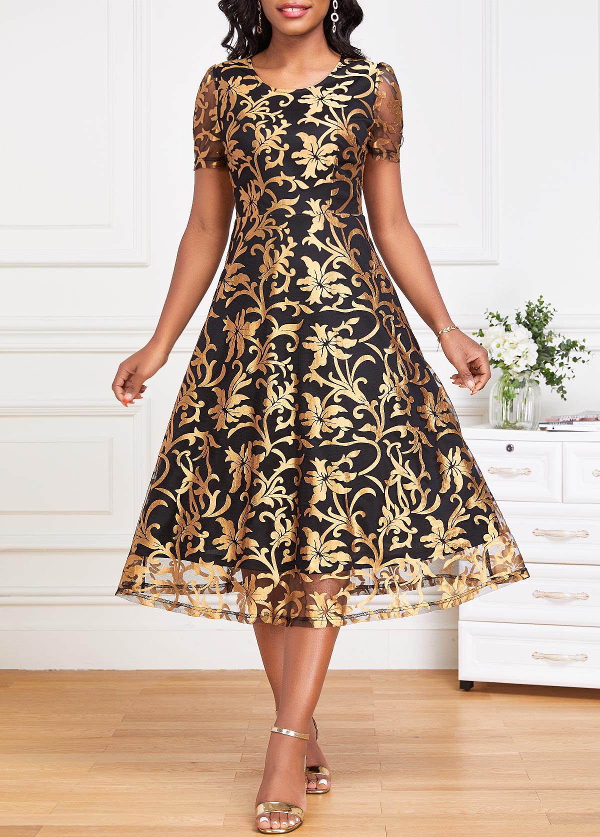Floral Print Layered Golden Short Sleeve Round Neck Dress
