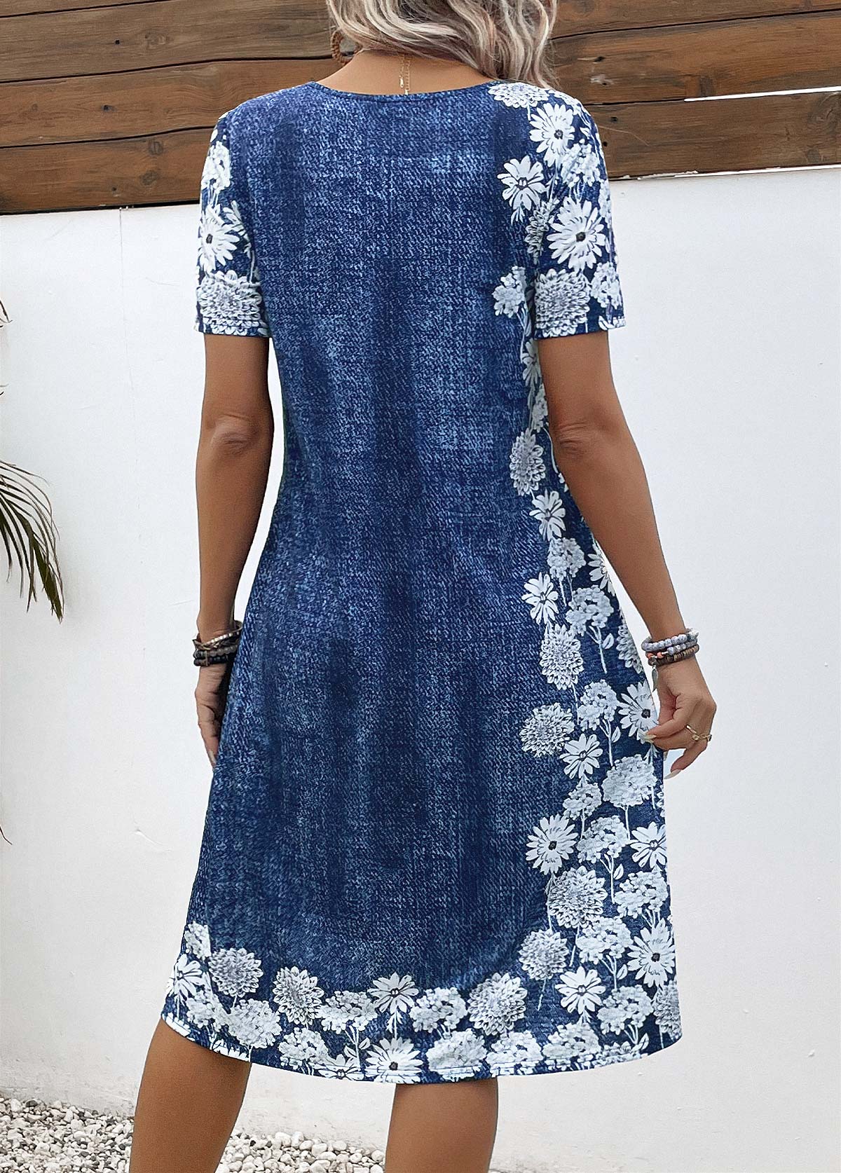 Floral Print Pocket Denim Blue A Line Dress