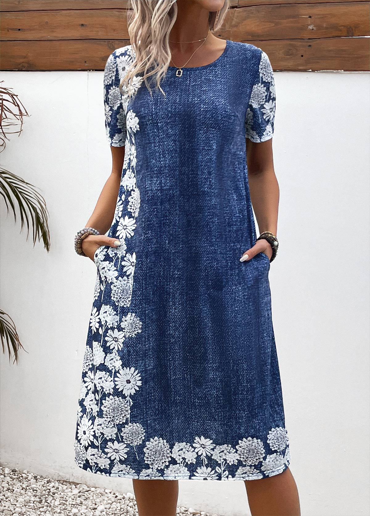 Floral Print Pocket Denim Blue A Line Dress