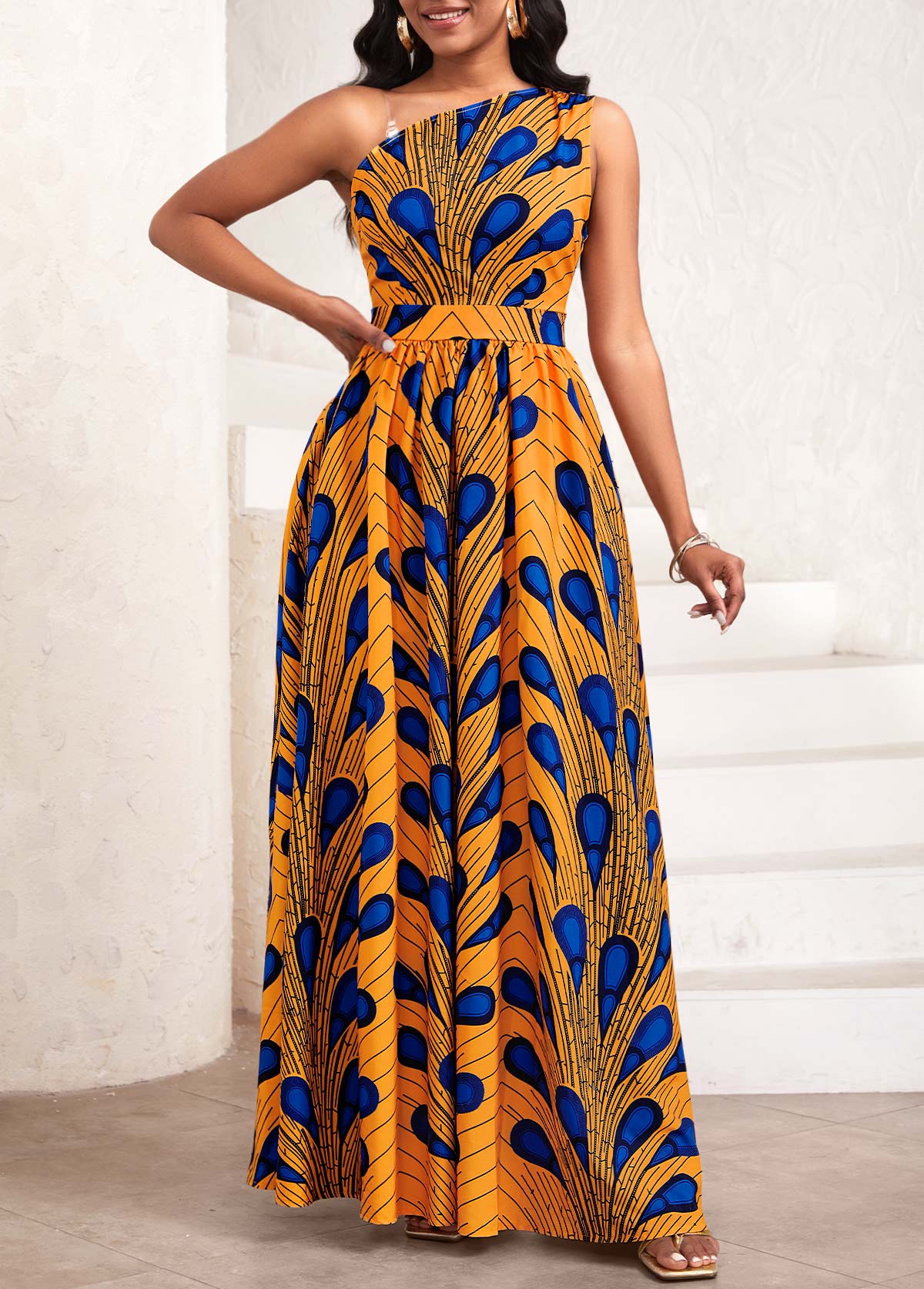 Feathers Print Asymmetry Orange Sleeveless One Shoulder Maxi Dress