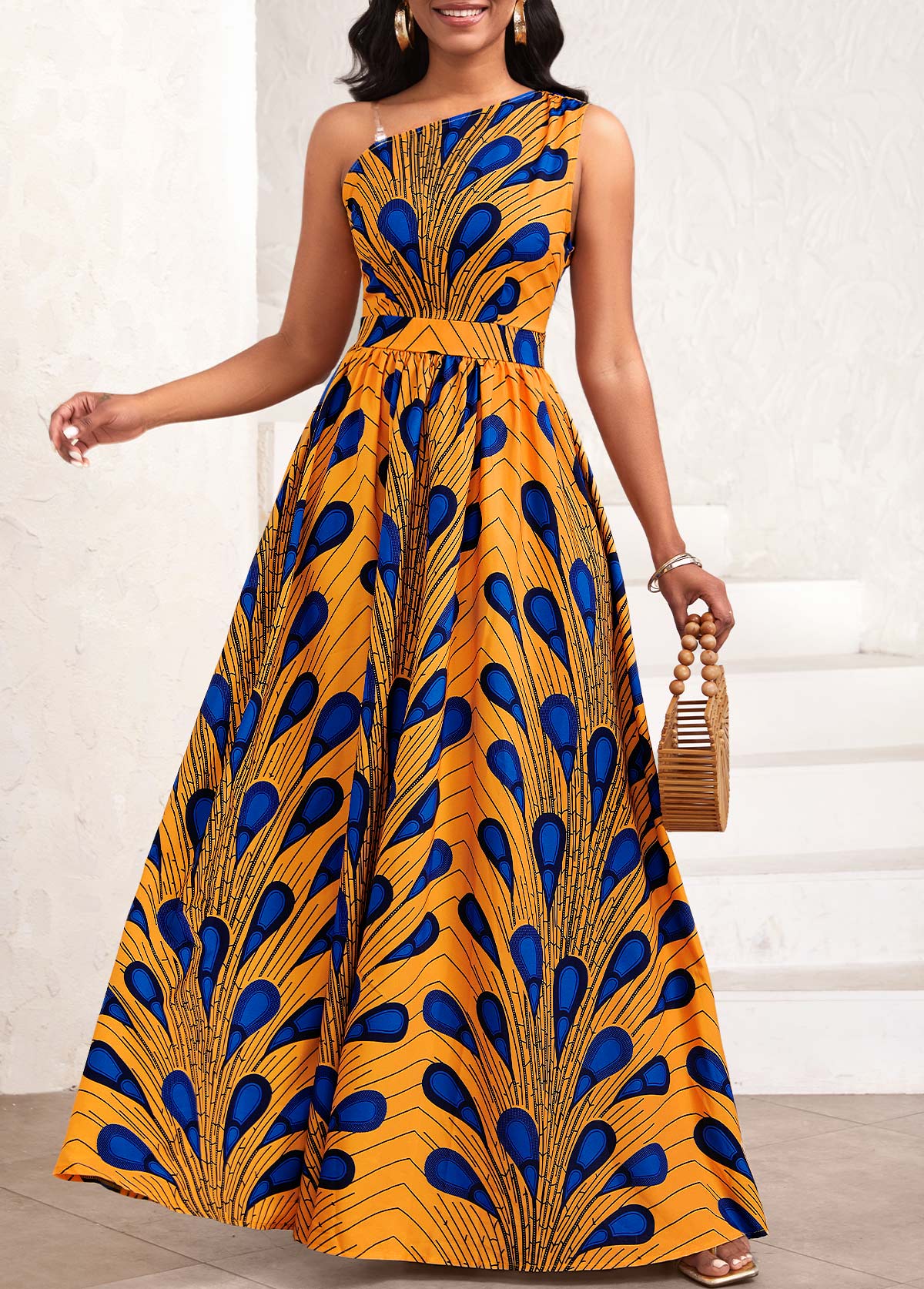 Feathers Print Asymmetry Orange Sleeveless One Shoulder Maxi Dress