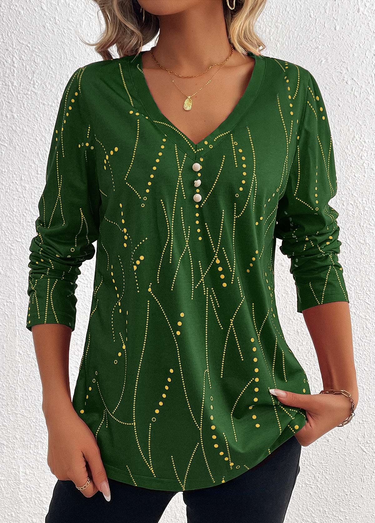 Geometric Print Button Green Long Sleeve T Shirt