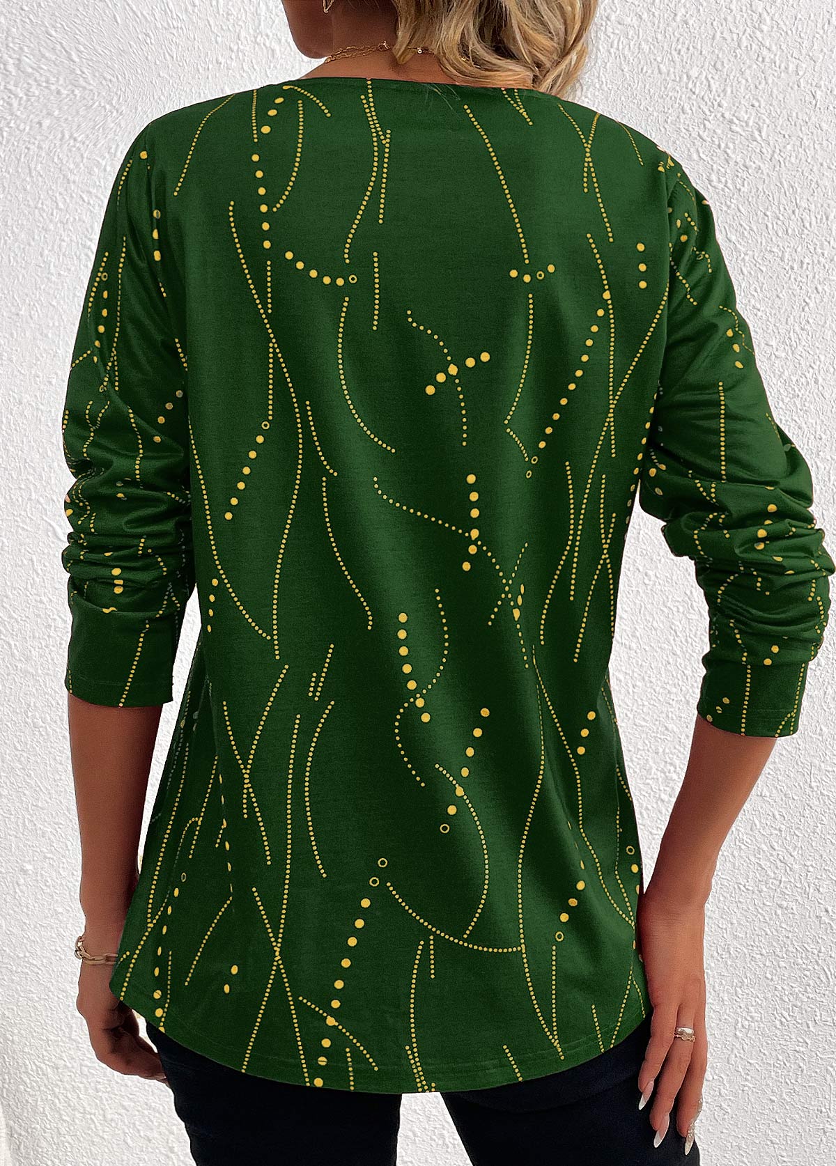 Geometric Print Button Green Long Sleeve T Shirt