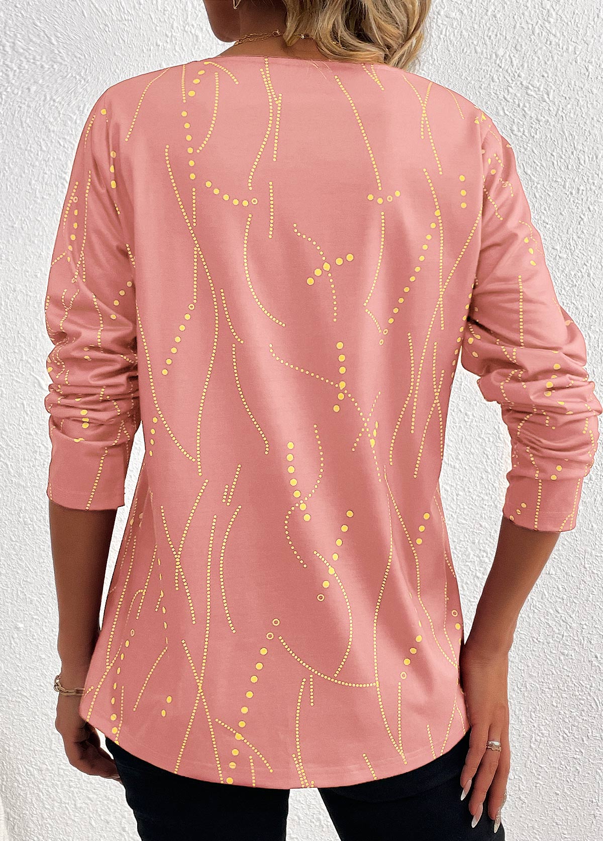 Geometric Print Button Pink Long Sleeve T Shirt