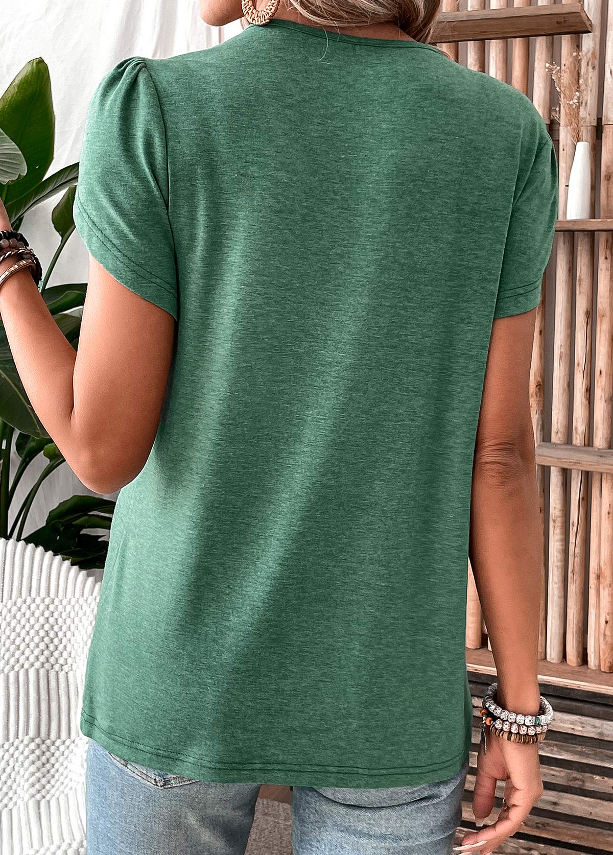 Patchwork Turquoise Short Sleeve V Neck T Shirt