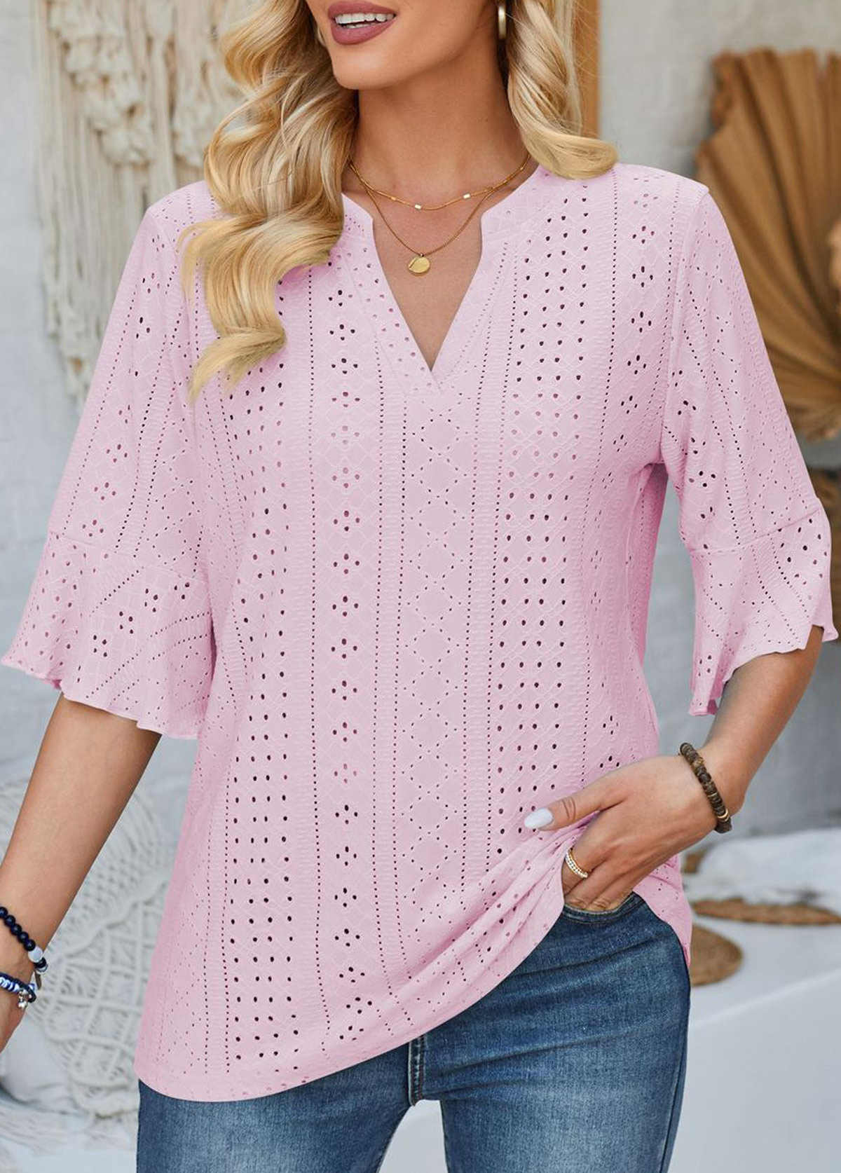 Jacquard Pink Half Sleeve Split Neck T Shirt