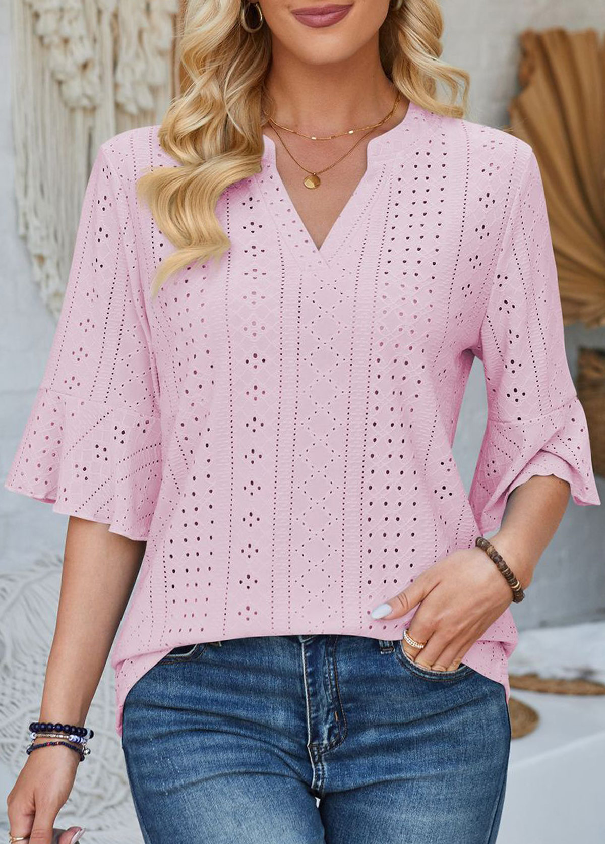 Jacquard Pink Half Sleeve Split Neck T Shirt