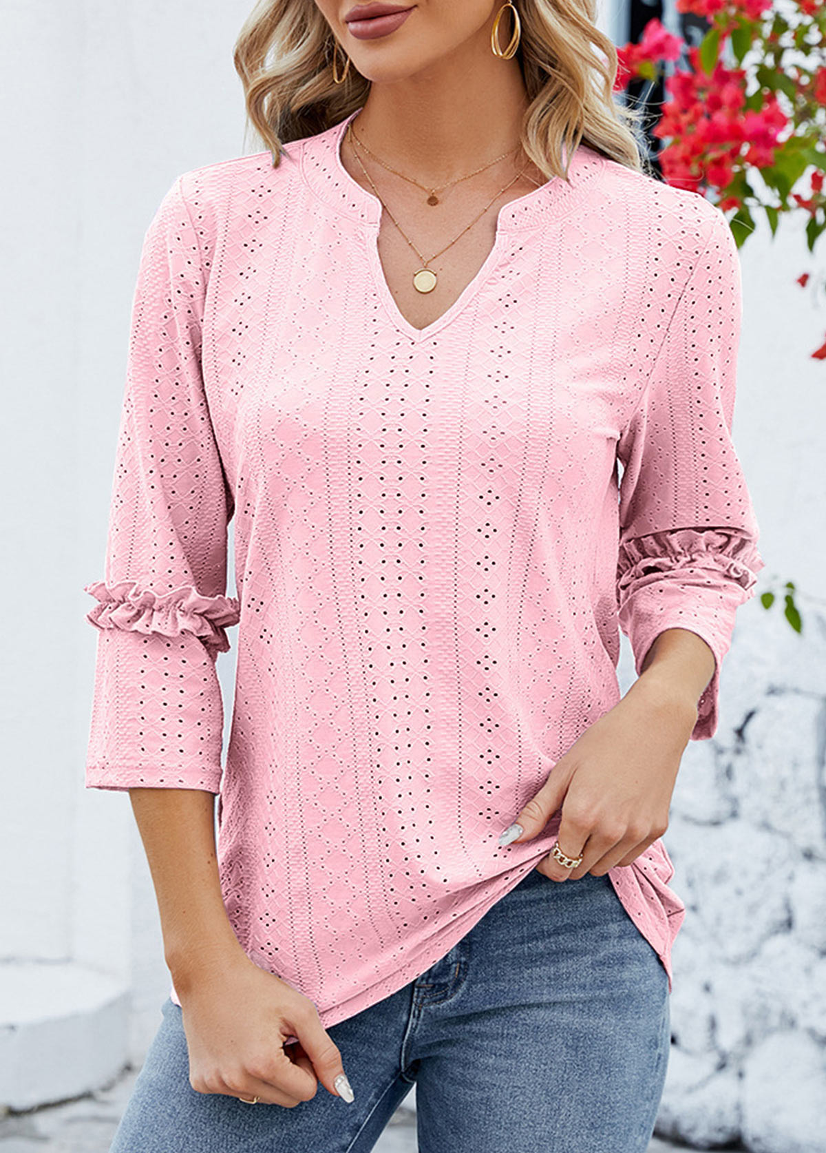 Patchwork Pink 3/4 Sleeve Split Neck T Shirt