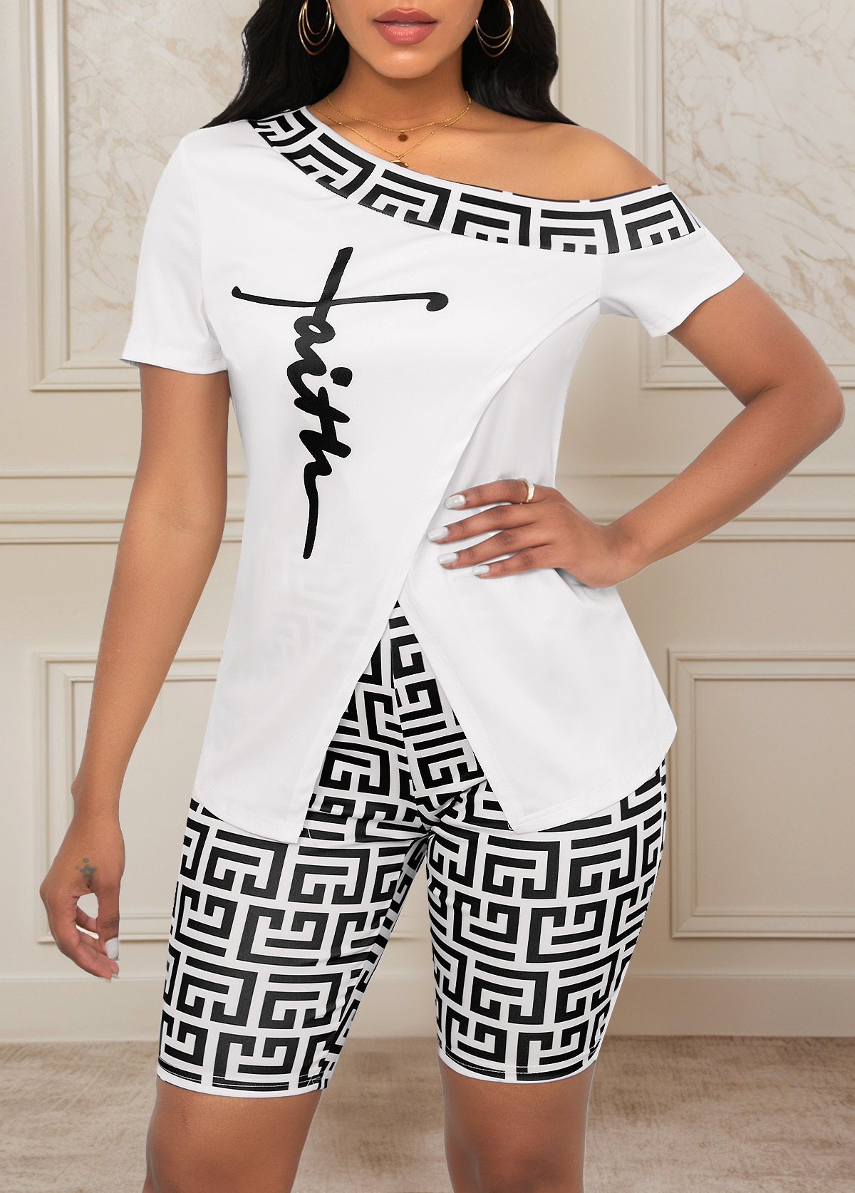 Geometric Print Patchwork White Short Skinny Top and Shorts