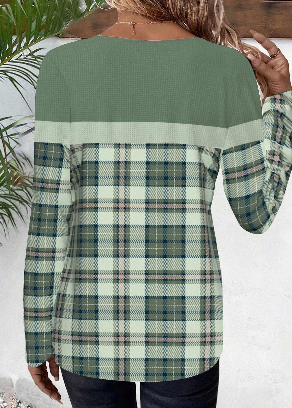 Plaid Patchwork Sage Green Long Sleeve T Shirt